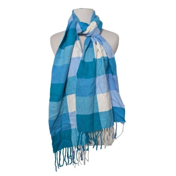 Scottish 100% Cashmere Check Scarf Womens Blue Fringe Rectangle 65 Inches - Picture 2 of 6